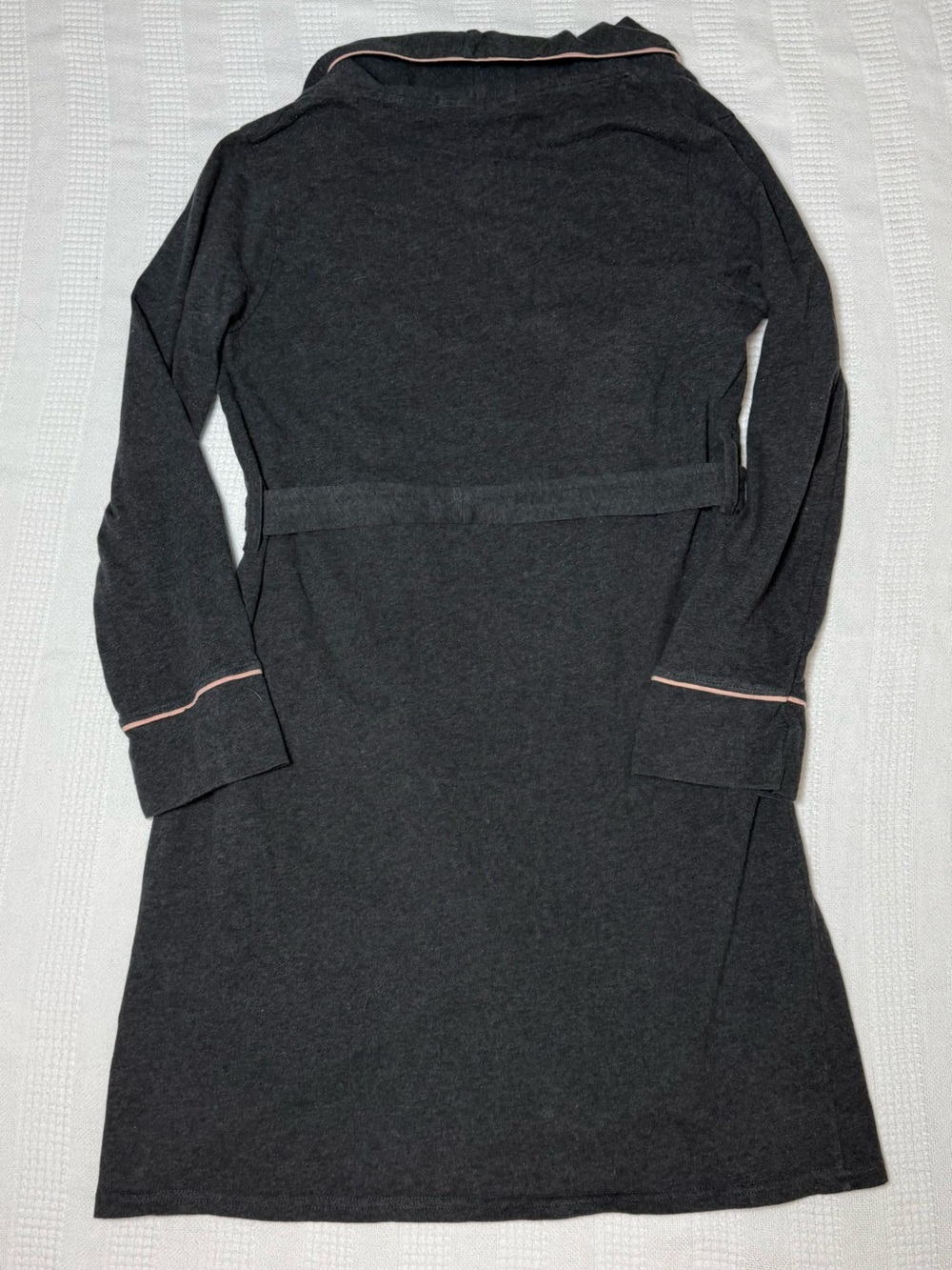 Pact Organic Cotton Knit Robe Charcoal Grey Pink Piping Belted Lounge S - Picture 2 of 6